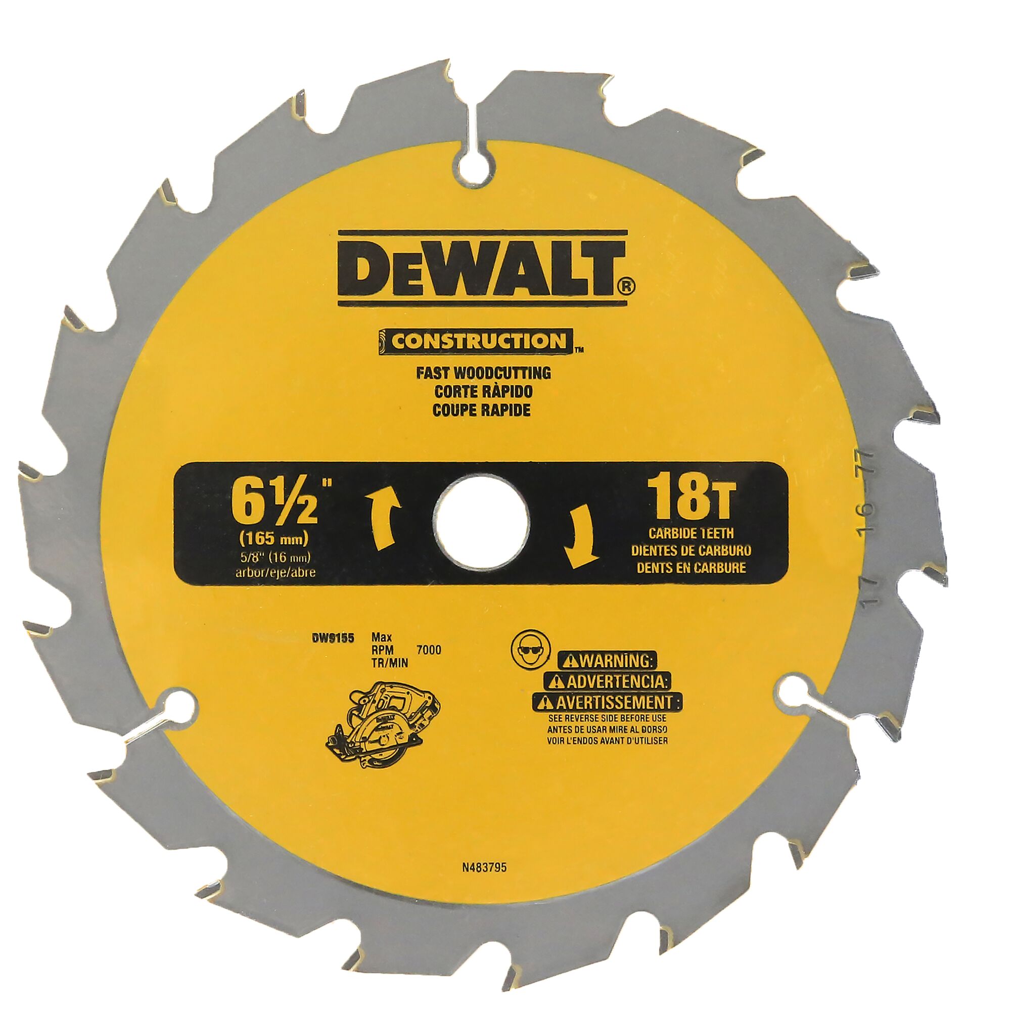 CONSTRUCTION CIRCULAR SAW BLADE 165MM X 18T 16MM DEWALT